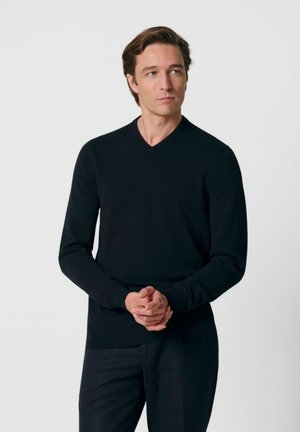 Uomo con capelli castani, che indossa un maglione nero a maniche lunghe a scollo a V e pantaloni neri, in piedi con le mani giunte, che guarda verso destra.