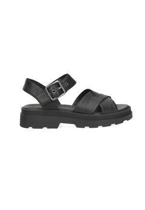 Sandalo in pelle nera con suola spessa, ampie fasce incrociate e cinturino regolabile alla caviglia con fibbia argentata.