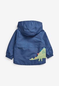 Giacca blu con cappuccio, dotata di polsini elasticizzati, una tasca sul retro e un'applicazione di dinosauro verde con spine multicolori lungo il lato.