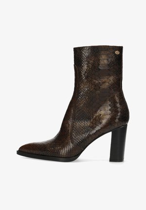 Bottines à motif serpent marron au design épuré, avec un bout pointu et un large talon noir. Matériau en cuir texturé.