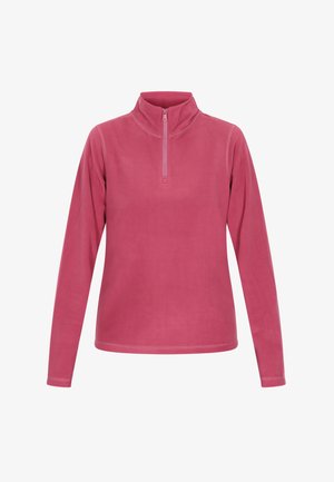 Fleece-Pullover in einfarbigem Pink mit einem Halb-Reißverschluss-Kragen, langen Ärmeln und einer glatten Textur. Verstärkte Nähte entlang der Kanten.