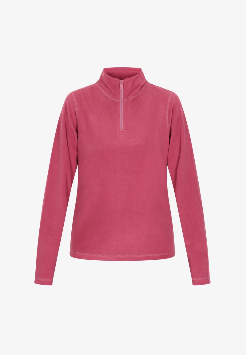 Fleecepullover i ensfärgad rosa med halvdragkedja i kragen, lång ärm och en slät textur. Förstärkt sömnad längs kanterna.