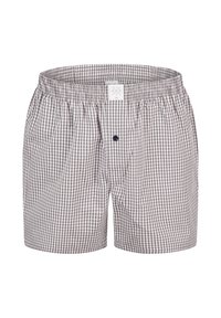 Boxers à carreaux en gris et blanc, avec une ceinture élastique, un simple bouton d'ouverture et un tissu doux et respirant.