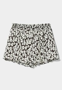 Černé šortky s bílým květinovým vzorem, skládací design, elastický pás a volánkový lem. Lehká tkanina.
