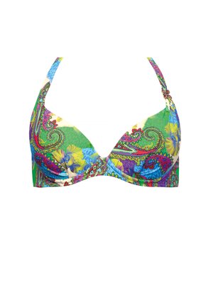 Wielokolorowy top bikini z wzorem paisley w odcieniach zieleni, purpury, niebieskiego i żółtego. Regulowane ramiączka i dekoracyjne akcenty metalowe.
