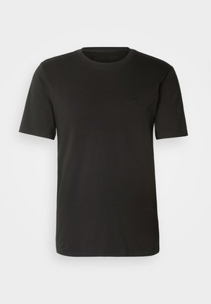 Sort bomulds t-shirt med klassisk rund hals og korteærmer, med en diskret logo på brystet, glat tekstur.