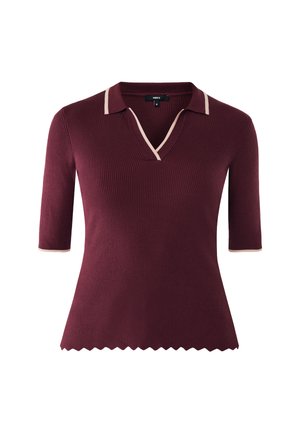 Bordeaux ribbelgebreid T-shirt met korte mouwen, voorzien van een met beige afgewerkte kraag en mouwen, V-hals en golvende zoom, maat medium.