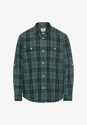 Grün kariertes Hemd mit langen Ärmeln, zwei Brusttaschen, einem klassischen Kragen und einem abgerundeten Saum. Aus strukturiertem Baumwollmaterial.