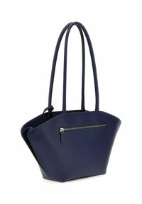 Sac fourre-tout bleu marine avec un design structuré, surface texturée, deux longues poignées et une poche zippée à l'avant pour le rangement.