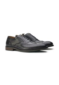 Black leather dress shoes featuring a wingtip design, decorative perforations, five eyelets, and a wood-patterned heel.