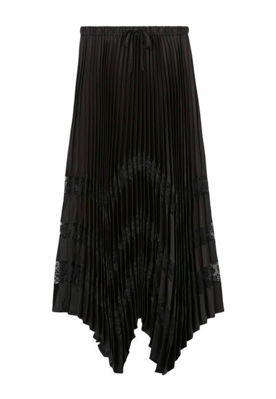 Jupe plissée noire avec une taille à cordon, ornée d'accents en dentelle et d'un design distinct à ourlet asymétrique, mettant en valeur des textures superposées.