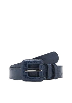 Cintura in ecopelle blu navy con texture a coccodrillo, dotata di una fibbia metallica quadrata e due punte regolabili.