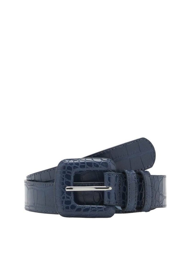 Navy blue faux leather belt with a crocodile texture, featuring a square metallic buckle and two adjustable prongs.