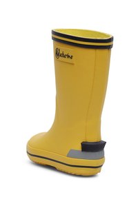 Gul gummistövlar med en slät yta, svarta detaljer och grå hälstöd. Designade med en vadderad topp och logotyp.