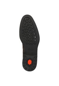 Schwarze Gummi-Schuhsohle mit einem strukturierten Muster aus hexagonalen und kreisförmigen Formen. Verfügt über einen zentralen roten Akzent mit einem Logo.