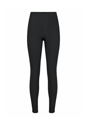 Melnas, augsta vidukļa pilna garuma legingi ar gludu, elastīgu audumu un ciešu piegulumu, attēloti uz balta fona.