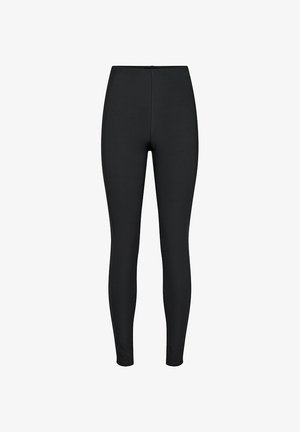 Melnas, augsta vidukļa pilna garuma legingi ar gludu, elastīgu audumu un ciešu piegulumu, attēloti uz balta fona.