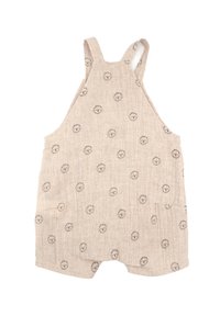 Beige Leinen-Overall mit strukturierten Oberflächen, ausgestattet mit einem wiederholten kreisförmigen Löwenmuster. Enthält zwei Fronttaschen und verstellbare Träger.