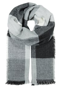 Écharpe à carreaux gris et noir en tissu doux, présentant un motif texturé et des bords à franges. Mesure environ 180 cm.