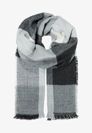 Écharpe à carreaux gris et noir en tissu doux, présentant un motif texturé et des bords à franges. Mesure environ 180 cm.