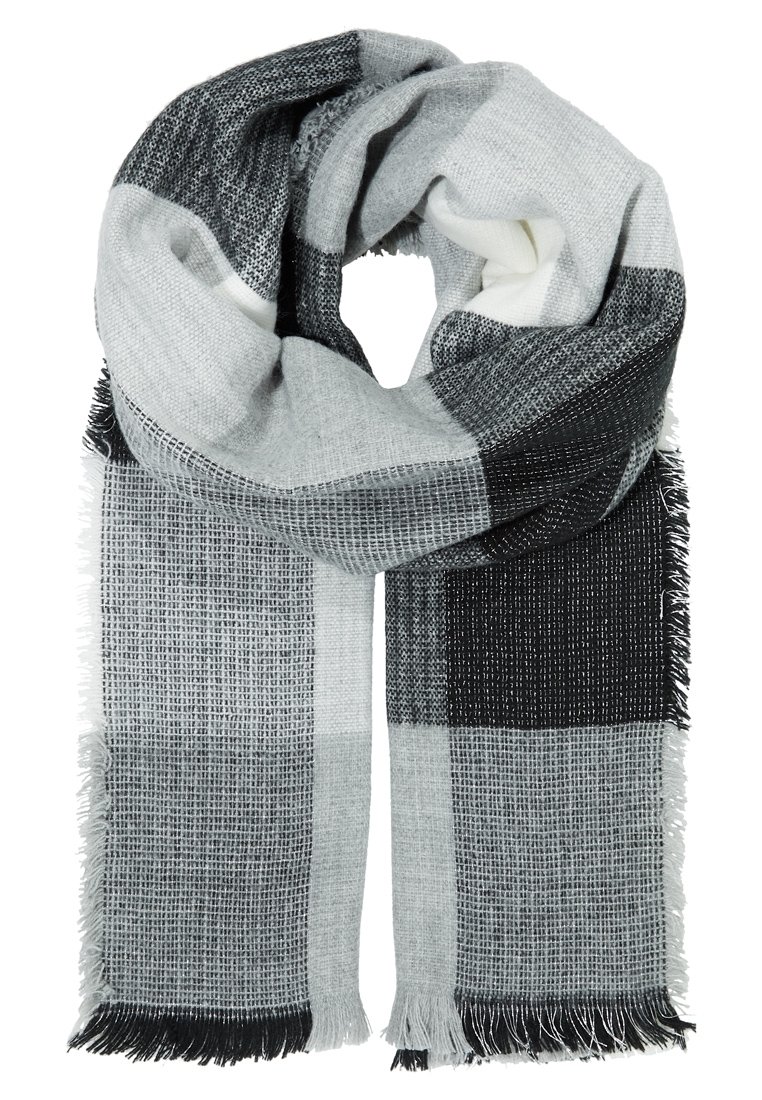 Écharpe à carreaux gris et noir en tissu doux, présentant un motif texturé et des bords à franges. Mesure environ 180 cm.