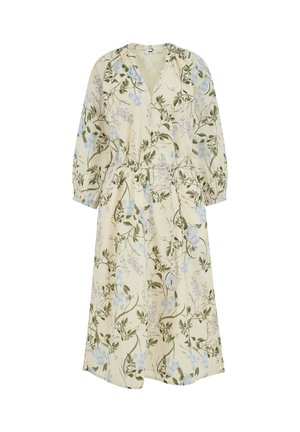Robe longue crème avec imprimé floral bleu clair et feuillage vert, col en V, manches longues bouffantes et détail taille froncée.