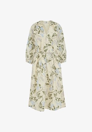 Dolga kremna obleka z v svetlo modri cvetlični in zelen listnat tiskom, V-izrezom, dolgimi nabranimi rokavi in detajlom nabranega pasu.