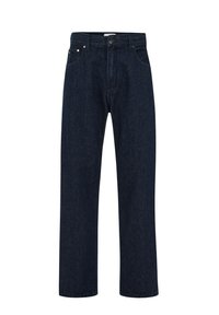Jeans din denim albastru închis cu talie înaltă, picioare drepte și largi, buzunare frontale și închidere cu nasture metalic. Design clasic cu cinci buzunare.