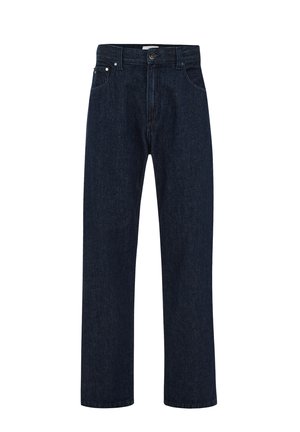 Mörkblå jeans i denim med hög midja, raka vida ben, framfickor och metalldknappstängning. Klassisk femficksdesign.