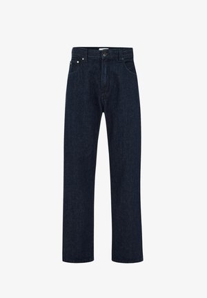 Donkerblauwe denim jeans met een hoge taille, rechte wijde pijpen, voorkantzakken en metalen knoopsluiting. Klassiek vijf-pocket ontwerp.