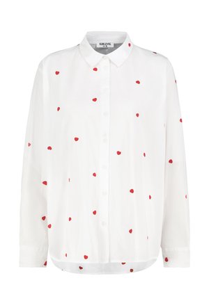 White long-sleeve button-up shirt with small scattered red polka dots and a classic collar, size medium, brand Sublevel.
