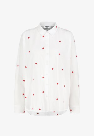 White long-sleeve button-up shirt with small scattered red polka dots and a classic collar, size medium, brand Sublevel.