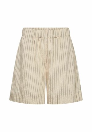 Beige Baumwollshorts mit dünnen vertikalen schwarzen Streifen und einem elastischen Bund, knielang, lässiger Stil.