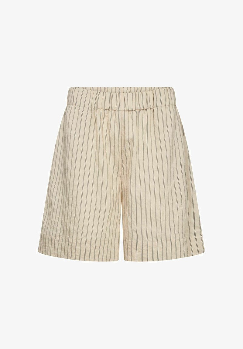 Short en coton beige avec fines rayures verticales noires et taille élastique, longueur genou, style décontracté.