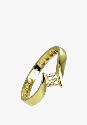 Bague en or avec un design torsadé présentant un groupe carré de cinq petits diamants et des détails en motif hexagonal sur la partie intérieure de l'anneau.