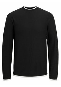 Maglietta nera a maniche lunghe con tessuto texturizzato, scollo rotondo e bordo bianco a contrasto sul colletto e sull'orlo. Design a vestibilità regolare.