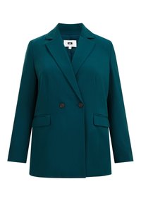 Teal dubbelknäppt kavaj med spetsiga slag, framfickor och knapprörelser. Tillverkad av slät tyg med en strukturerad passform.