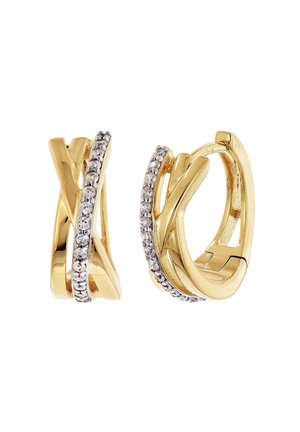 Gold-tone hoop earrings feature intertwined design with a row of small clear crystals along the outer edge. Smooth, shiny surface.