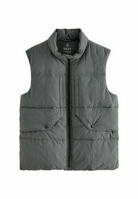 Grå polstret vest med høj krave, frontlynlås og to knaplommer. Glat tekstur og quiltet design for varme og stil.
