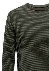 Dunkelgrüner Pullover mit strukturiertem Muster, runden Ausschnitt und gerippten Bündchen. Das Material scheint weich und warm zu sein.