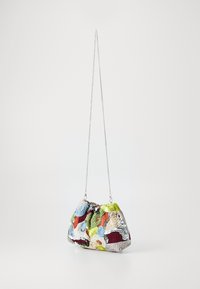 Colorful sequined clutch bag with a curved shape, chain strap, and various textured patterns in shades of blue, green, red, and silver.