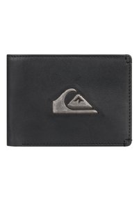 Black leather wallet featuring a prominent metallic logo of a wave and mountain. Sleek design with contrasting stitching and smooth texture.
