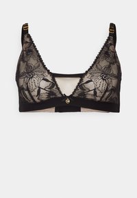 Black lace bralette featuring floral patterns, a soft underlayer, adjustable straps, and gold-tone hardware accents.