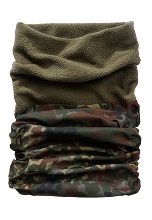 Fleece halsrør med en lys olivengrøn top og en camouflage-mønstereret bund i grønne, brune og grå nuancer, med en samlet design.