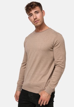 Beige long-sleeve sweater with a round neck, ribbed cuffs, and a smooth knit texture, paired with dark pants in a plain background.