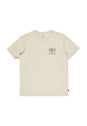 Beige cotton t-shirt featuring a small, multicolored graphic on the chest. Crew neck and short sleeves. Relaxed fit with side label.