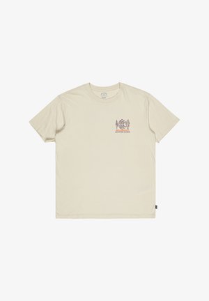 Beige bomuld t-shirt med et lille, multicolor grafisk motiv på brystet. Rund hals og korte ærmer. Løs pasform med sidelabel.