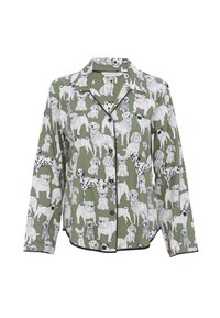 Zielona piżama z koszulą w czarno-białym wzorze psów, z długimi rękawami, z kołnierzykiem z wcięciem i czarnym obszyciem na brzegach.