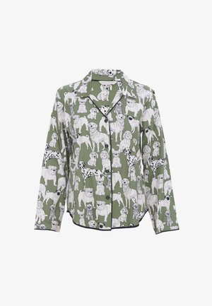 Groen pyjamashirt met een hondenpatroon in zwart en wit, met lange mouwen, een notch-kraag en zwarte bies langs de randen.