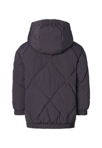 Quilted pufferjakke i mørkegrå, med hætte, elastiske manchetter og kant. Har et diamantformet sømmønster.